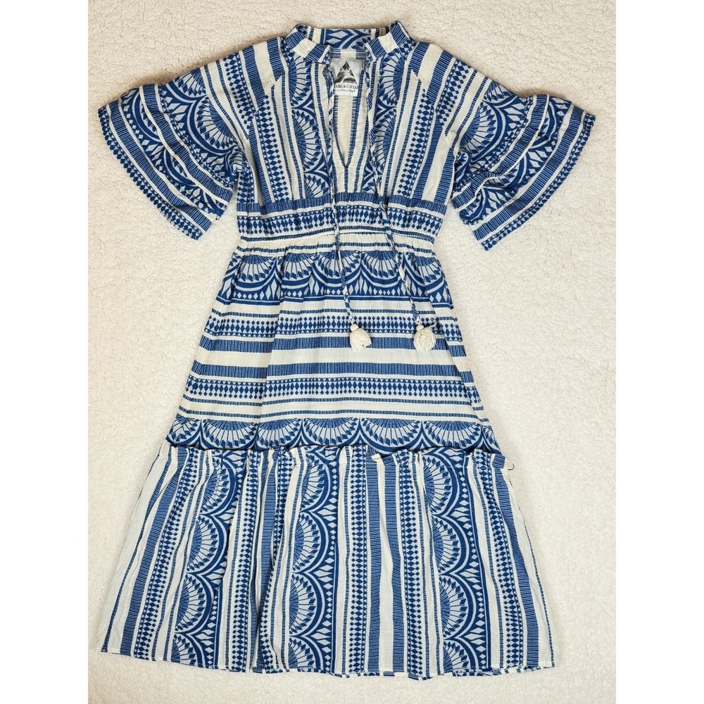 Pearl & Caviar S/M Blue White Geometric Print Tassel Midi Dress Pockets Boho - Picture 2 of 10